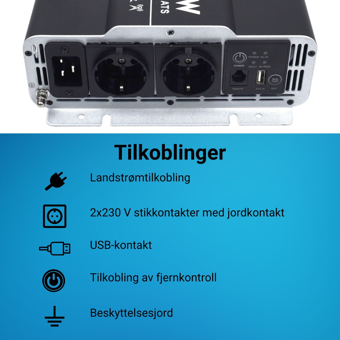 Supervolt 12V 2000W omformer med nettprioritetsfunksjon og jordfeilbryter
