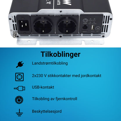Supervolt 12V 2000W omformer med nettprioritetsfunksjon og jordfeilbryter