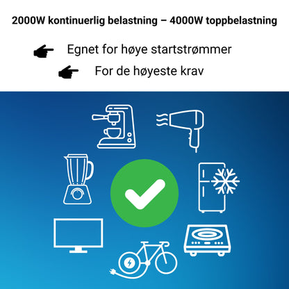Supervolt 12V 2000W omformer med nettprioritetsfunksjon og jordfeilbryter