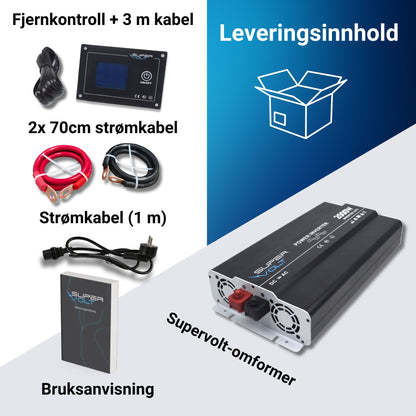 Supervolt 12V 2000W omformer med nettprioritetsfunksjon og jordfeilbryter